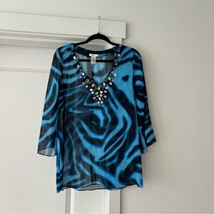 Cache multi use see through studded blouse swim cover up animal print